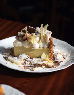 A slice of creamy cake topped with whipped cream, chocolate shavings, and powdered sugar on a white plate.