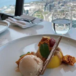 A dessert with ice cream and honeycomb on a plate, set by a window with a city and water view.