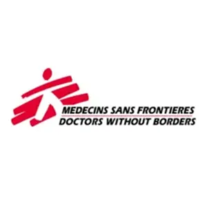 Doctors Without Borders logo with red abstract figure and organization name in English and French.