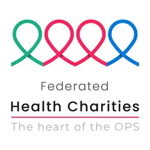 Four ribbon loops above the words 'Federated Health Charities. The heart of the OPS.