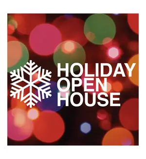 White snowflake and 'Holiday Open House' text over blurred colorful holiday lights background.