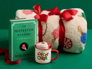 A green book, a festive mug, and a rolled blanket with red ribbon on a green background.
