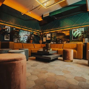 Chic lounge with velvet seating, hexagonal tile floor, plants, and framed art on dark green walls.