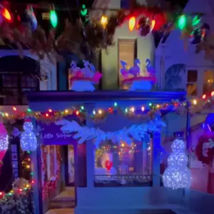 A house decorated with colorful Christmas lights, garlands, and glowing snowmen at night.