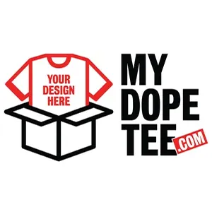 A t-shirt labeled 'Your Design Here' emerges from a box next to the text 'MY DOPE TEE .COM'.