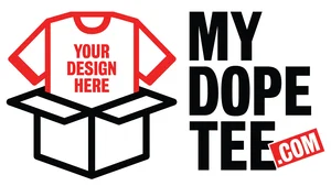 Outline of a t-shirt with 'Your Design Here' above an open box, next to 'MY DOPE TEE .COM' text.