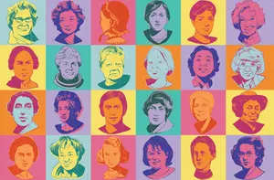 Colorful pop-art grid of illustrated women’s portraits, each in a different vibrant background color.