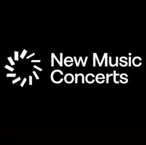 New Music Concerts logo with white geometric design and text on a black background.
