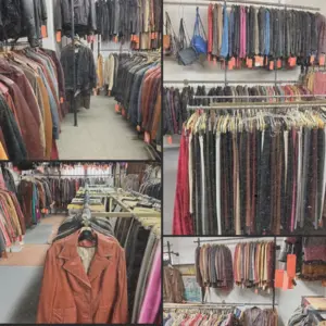 Collage of racks filled with various leather jackets and coats in a store or thrift shop.