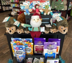 Display of plush dog toys, treats, and snacks arranged on a black shelf in a pet store.