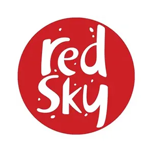 Red circle with the words 'red Sky' in bold white, playful font.