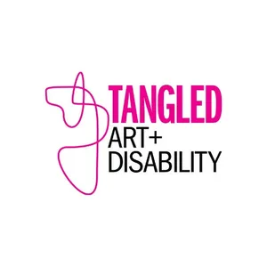 Tangled Art + Disability logo with pink abstract line art and bold pink and black text.