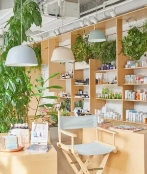 Bright, modern beauty store interior with wooden shelves, green plants, and a director’s chair by the counter.