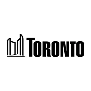 Toronto logo with stylized black city hall building beside bold 'Toronto' text on a white background.