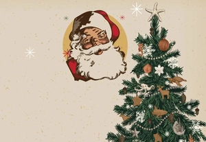 Vintage Santa face above a decorated Christmas tree with ornaments and a star on top, on a beige background.