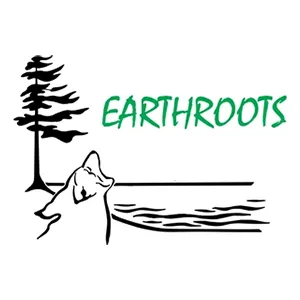 A wolf howling near a tree and water, with 'EARTHROOTS' written in green text above.