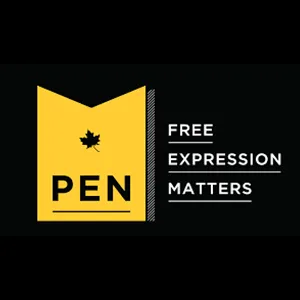 Yellow PEN Canada logo with a maple leaf and text: 'Free Expression Matters' on a black background.