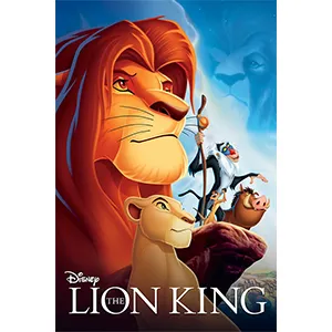 Poster of Disney's The Lion King featuring Simba, Nala, Rafiki, Timon, and Pumbaa with Mufasa in the sky.
